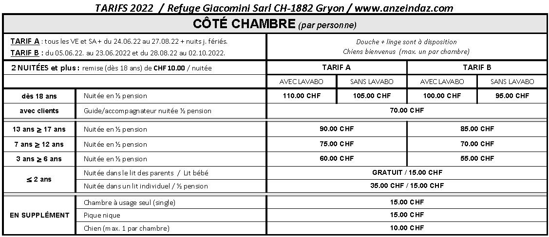 Tarifs Chambre 11.09.2022