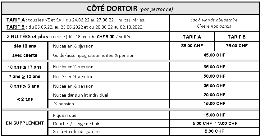 Tarifs Dortoir 11.09.2022